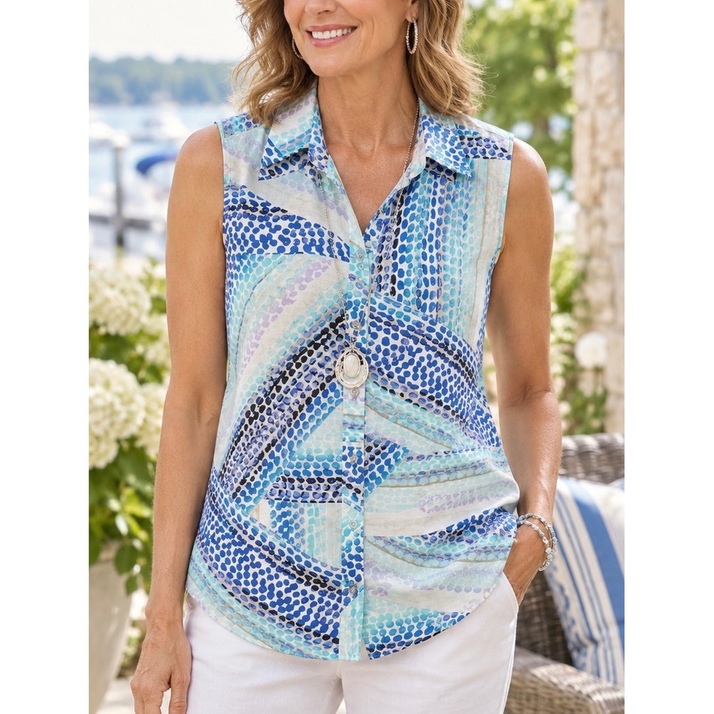Chico's Women Sleeveless Button Down Blue Large Abstract Dotted Print Blouse